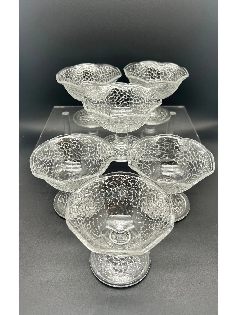 L. E. Smith Six Vintage “Crackle” Footed Sherbet Dishes